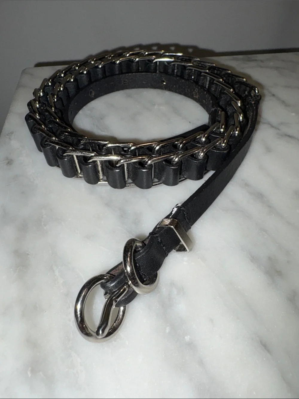 Skinny Black Leather Ladder Weave Chainlink Curb Belt Helmut Lang Diesel Biker